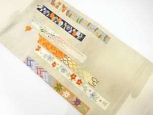 アンティーク　短冊に桜・藤模様織り出し開き名古屋帯（額縁仕立て）